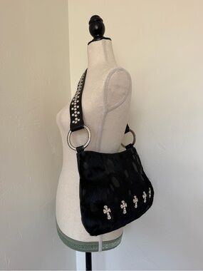 B.B. Simon Western Black Cowhide Haircalf Swarovski Crystal Shoulder Bag